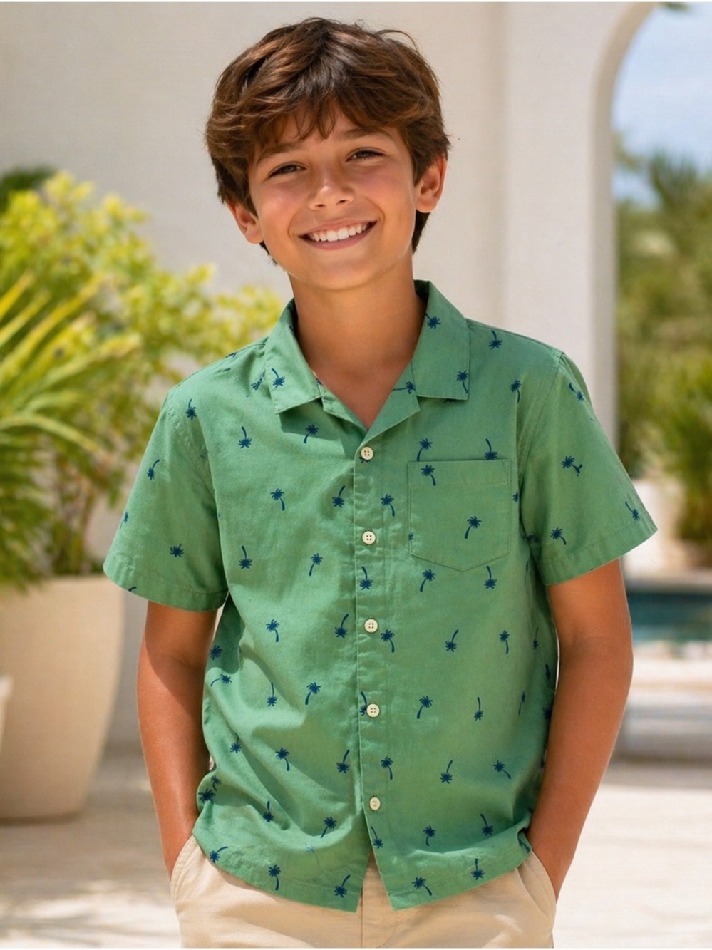 GAP Kids Boys Button-Down Shirt | Size L (10/12) | Tropical Palm Print